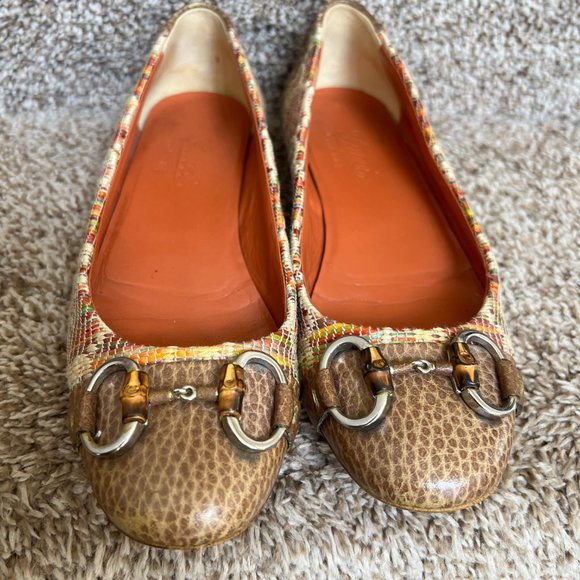 Gucci Women's Straw Raffia Style Woven Leather Trim Multicolor Flats. - Picture 2 of 15